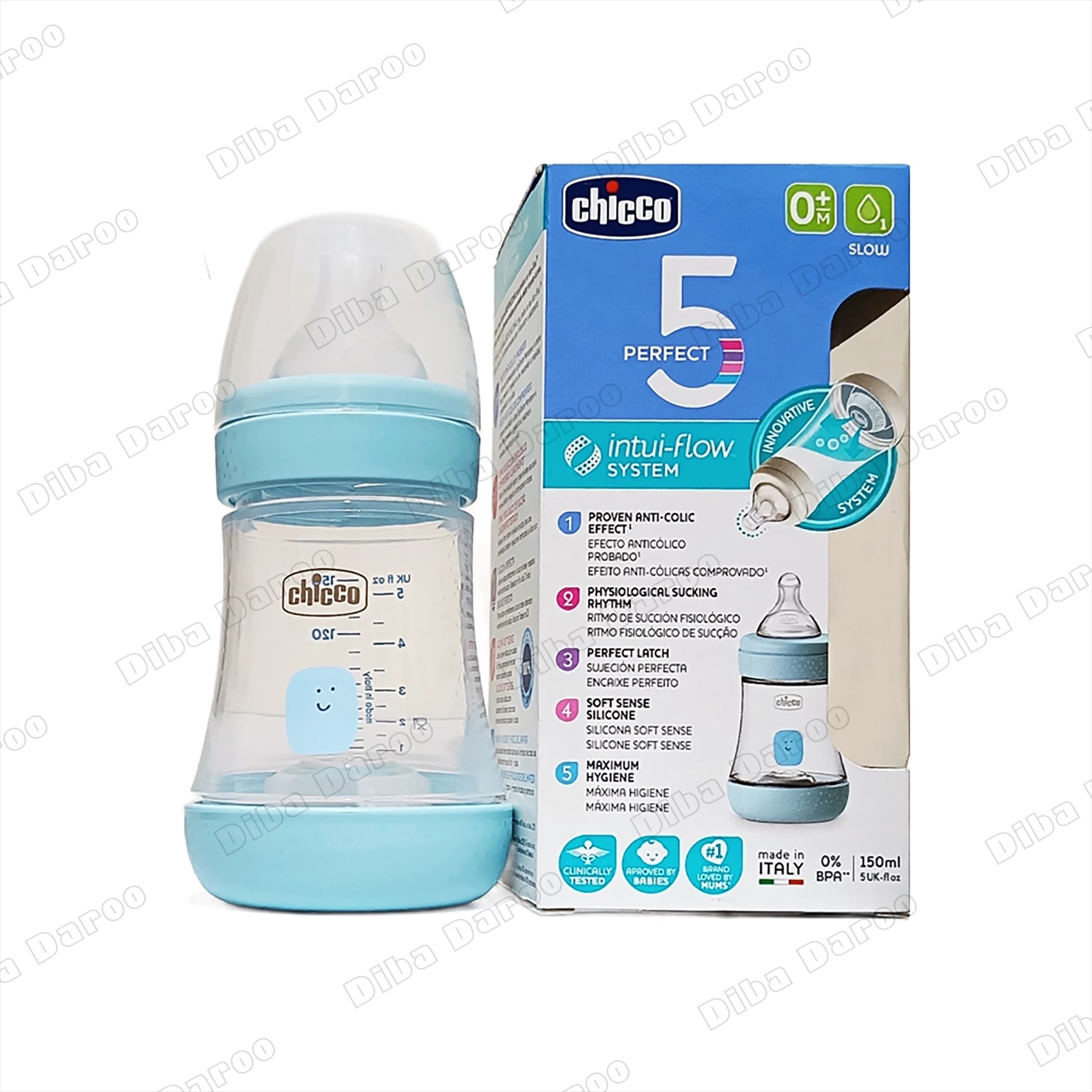 شیشه شیر ضد نفخ پرفکت 5 چیکو مناسب نوزادان از بدو تولد 150 میلی لیتر رنگ آبی