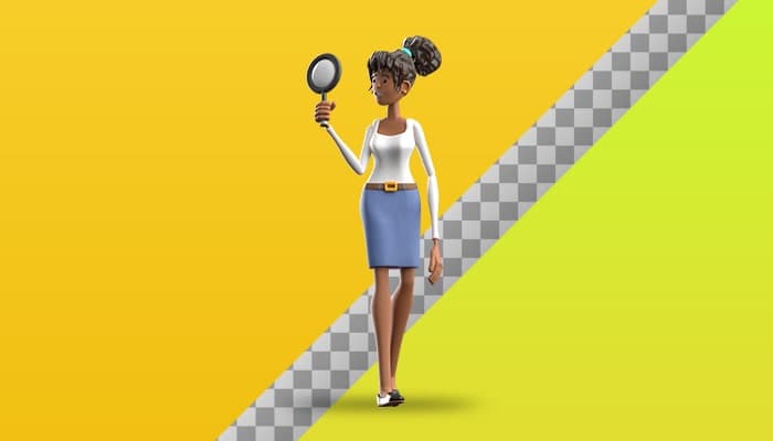 تصویر PNG کاراکتر سه بعدی دختر سیاه پوست با ذره بین