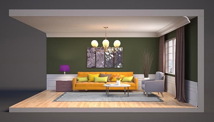 تصویر رندر سه بعدی طرح اتاق نشیمن