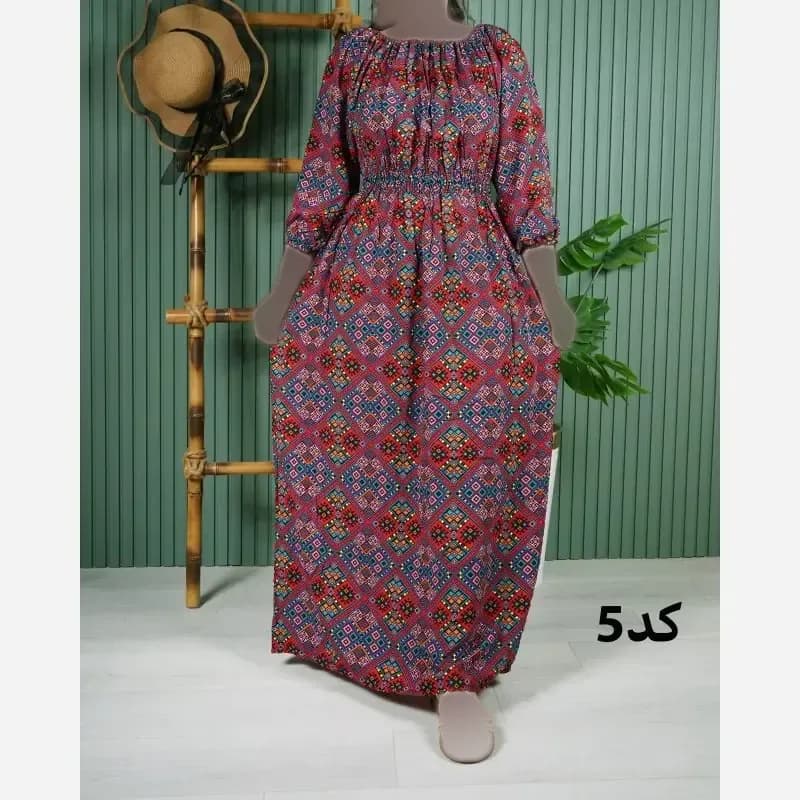 پیراهن ساحلی نخی خارجی وارداتی نرم لطیف یقه کشی قد 138 — تصویر ۶