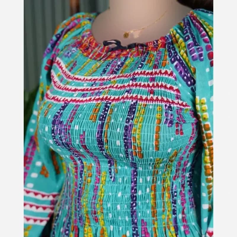 پیراهن بلند زنانه قواره بزرگ کریشه نخی هندی خنک و راحت تابستانی — تصویر ۴