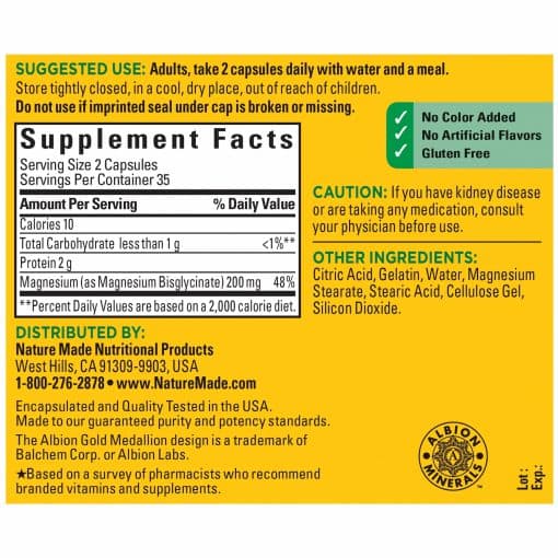 منیزیم گلیسینات 200 میلی گرم نیچرمید High Absorption Magnesium Glycinate Capsules 200 mg Nature Made — تصویر ۲