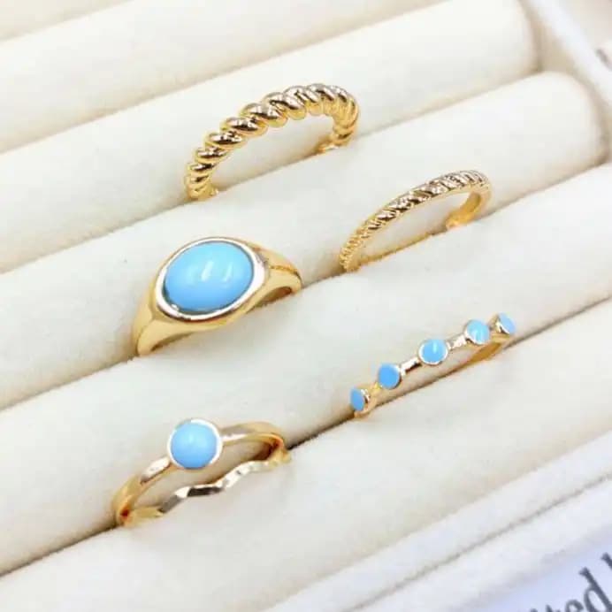 پک انگشتر زنانه 5 عددی فری سایز free size رنگ ثابت طلایی و نقره ای کد amp — تصویر ۴