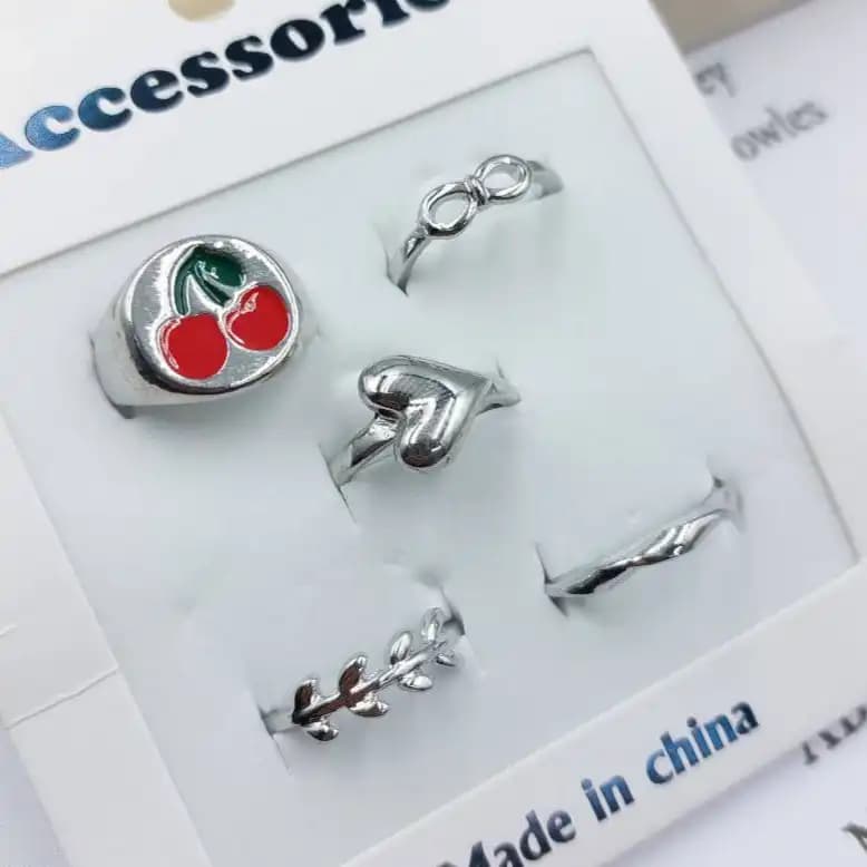 پک انگشتر زنانه/دخترانه 5 عددی فری سایز free size رنگ ثابت طلایی و نقره ای کد amp — تصویر ۹