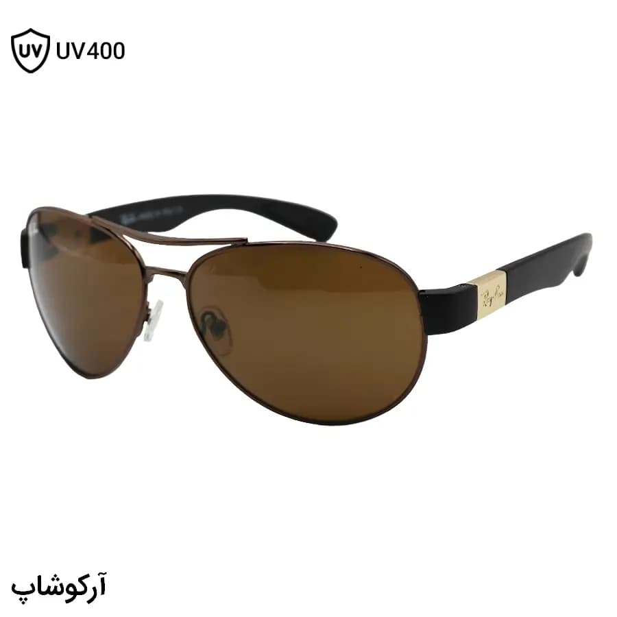 عینک آفتابی Ray-Ban با فریم شکل خلبانی، رنگ مسی، عدسی شیشه‌ای و قهوه‌ای تیره مدل RB3509
