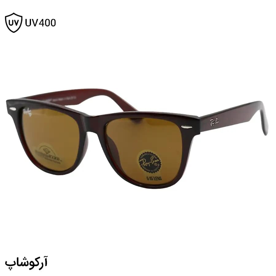 عینک آفتابی ریبن با فریم ویفرر، رنگ قهوه‌ای براق، لنز شیشه و سنگ، سایز 54 و رنگ قهوه‌ای تیره مدل RB2140-F