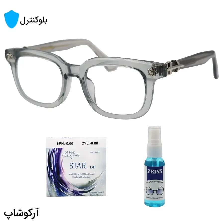عینک بلوکنترل با فریم شکل مستطیلی، رنگ طوسی، دسته سیم‌دار و برند کروم هارتز و لنز بلوکنترل ژاپنی برند Star مدل 9203