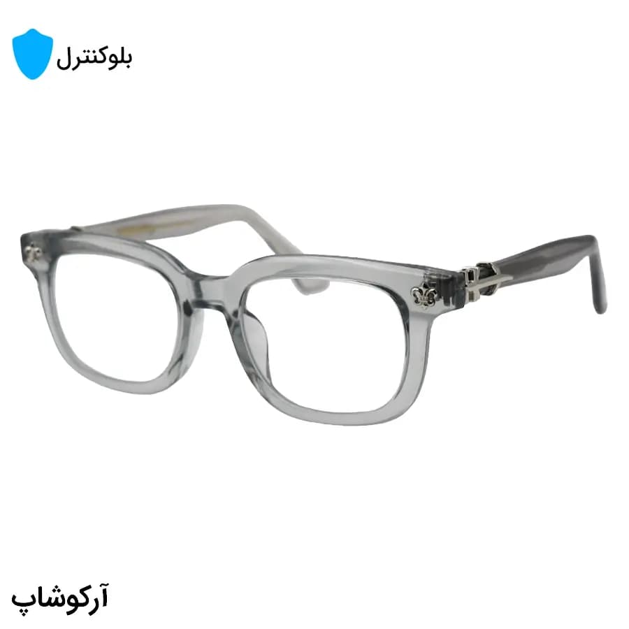 عینک بلوکنترل با فریم شکل مستطیلی، رنگ طوسی، دسته سیم‌دار و برند کروم هارتز و لنز بلوکنترل ژاپنی برند Star مدل 9203 — تصویر ۴
