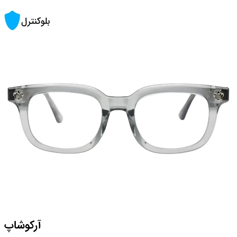 عینک بلوکنترل با فریم شکل مستطیلی، رنگ طوسی، دسته سیم‌دار و برند کروم هارتز و لنز بلوکنترل ژاپنی برند Star مدل 9203 — تصویر ۳