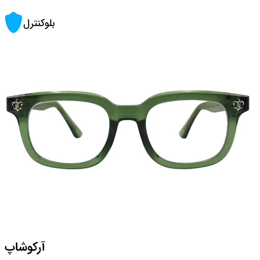 عینک بلوکنترل با فریم شکل مستطیلی، رنگ سبز، دسته سیم‌دار و برند کروم هارتز و لنز بلوکنترل ژاپنی برند Star مدل 9203 — تصویر ۳