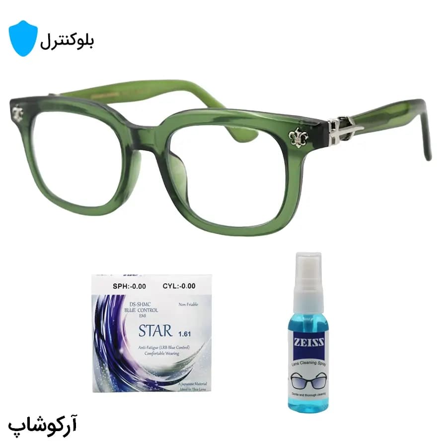 عینک بلوکنترل با فریم شکل مستطیلی، رنگ سبز، دسته سیم‌دار و برند کروم هارتز و لنز بلوکنترل ژاپنی برند Star مدل 9203
