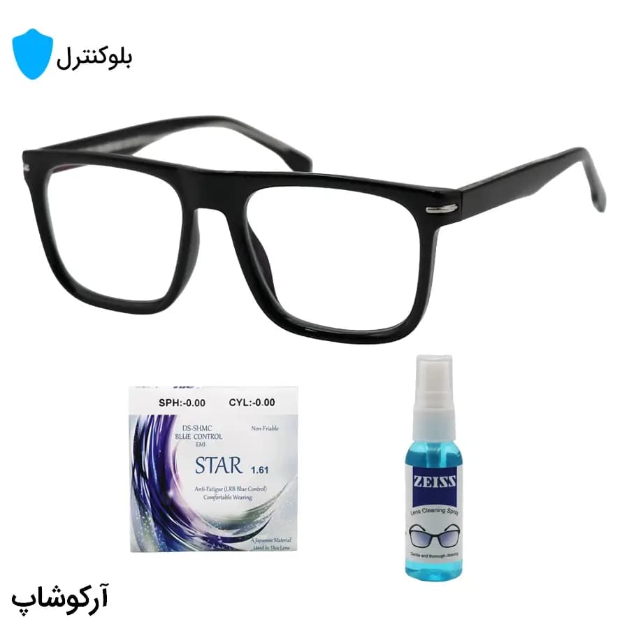 عینک بلوکنترل با فریم شکل مربعی، رنگ مشکی، دسته سیم‌دار و لنز بلوکنترل ژاپنی برند STAR مدل 250615