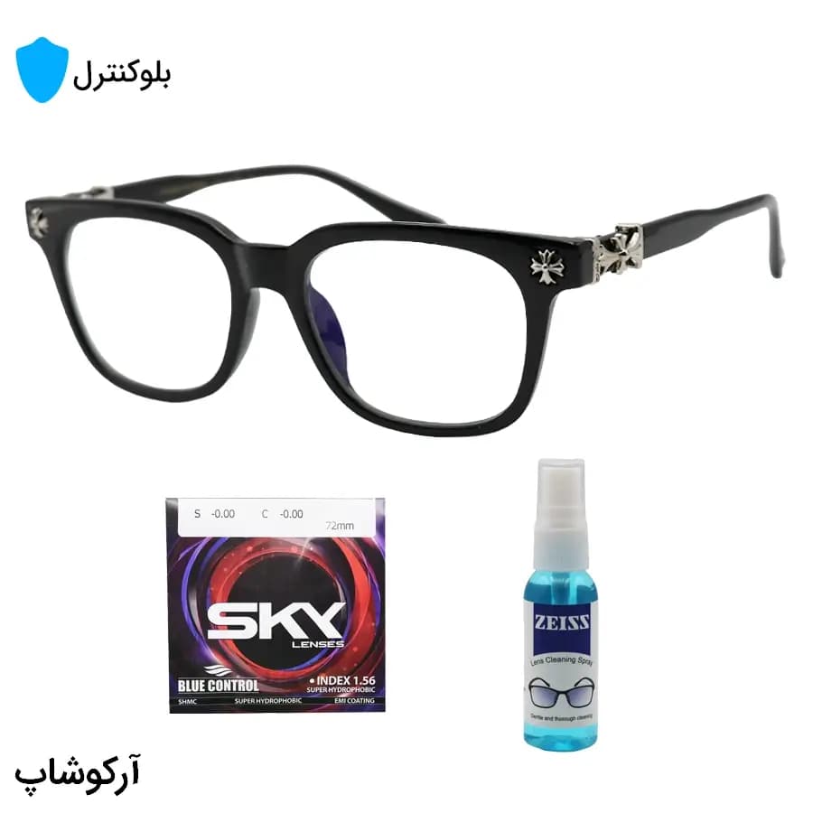 عینک بلوکنترل با فریم شکل مستطیلی، رنگ مشکی، برند کروم هارتز و لنز بلوکنترل کره‌ای برند SKY مدل 2273