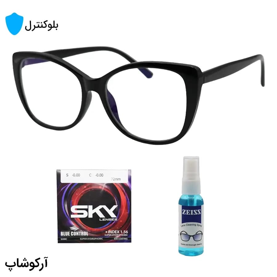 عینک بلوکنترل با فریم شکل چشم گربه‌ای، رنگ مشکی و لنز بلوکنترل کره‌ای برند SKY مدل 20388