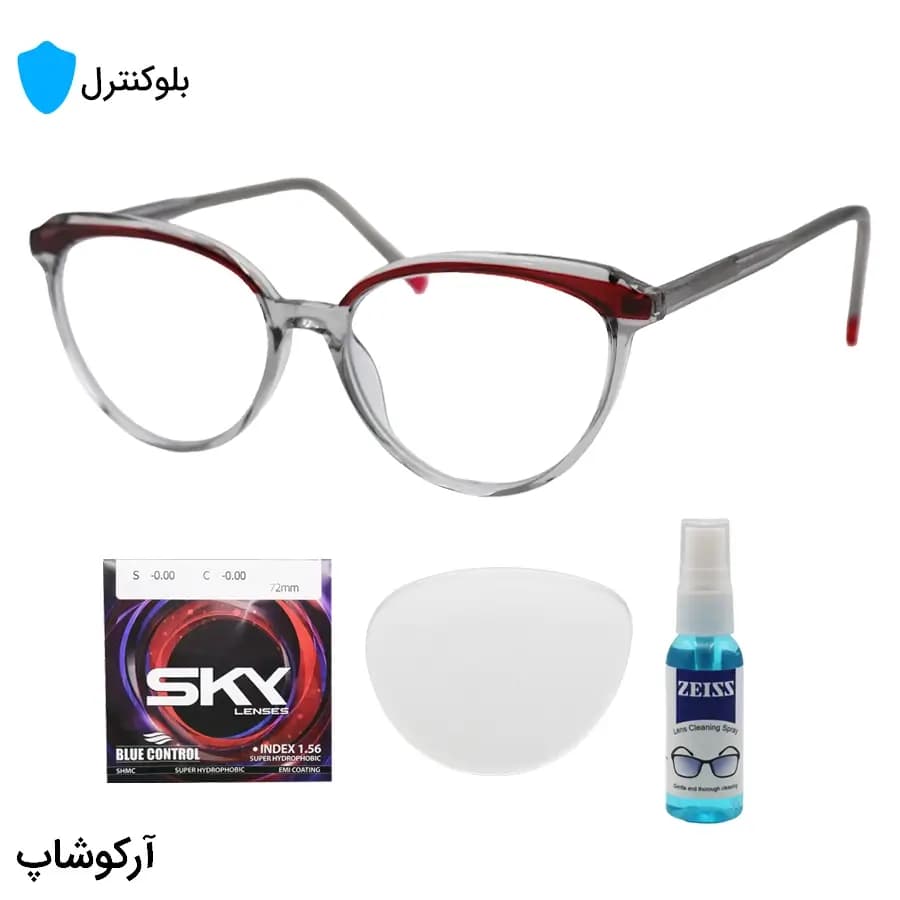 عینک بلوکنترل با فریم شکل چشم گربه‌ای، رنگ طوسی و قرمز، دسته سیم‌دار و لنز بلوکنترل کره‌ای برند SKY مدل 8335
