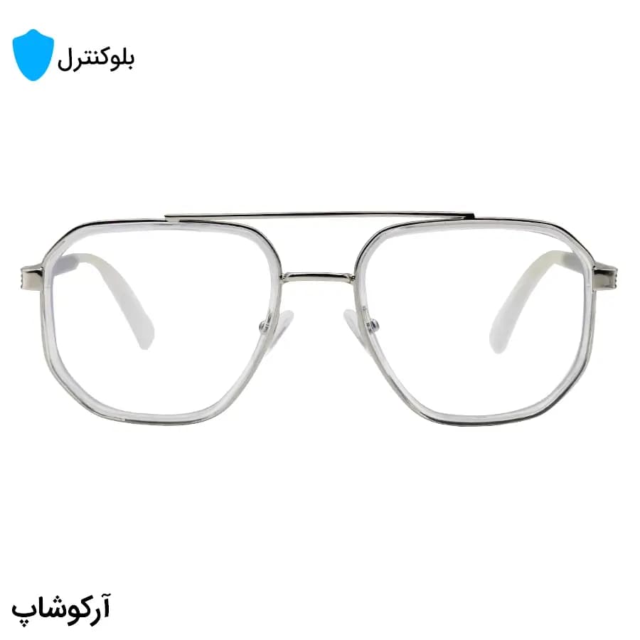 عینک بلوکنترل با فریم شکل چندضلعی، رنگ نقره‌ای و بی‌رنگ، برند امپریو آرمانی و لنز بلوکنترل کره‌ای برند SKY مدل 8046 — تصویر ۲