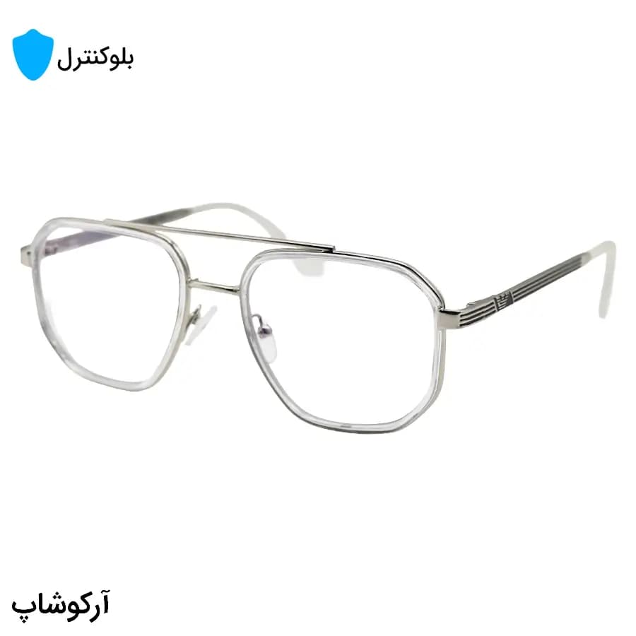 عینک بلوکنترل با فریم شکل چندضلعی، رنگ نقره‌ای و بی‌رنگ، برند امپریو آرمانی و لنز بلوکنترل کره‌ای برند SKY مدل 8046 — تصویر ۳