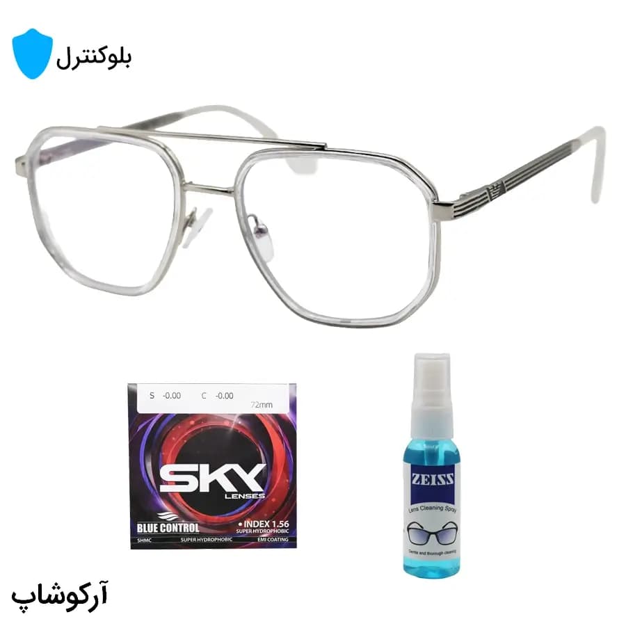 عینک بلوکنترل با فریم شکل چندضلعی، رنگ نقره‌ای و بی‌رنگ، برند امپریو آرمانی و لنز بلوکنترل کره‌ای برند SKY مدل 8046