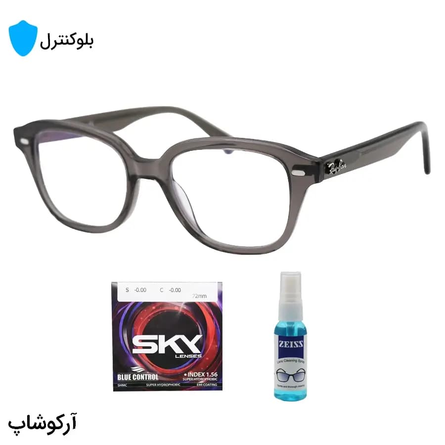 عینک بلوکنترل با فریم شکل چند ضلعی، رنگ طوسی، برند ریبن، دسته سیم‌دار و لنز بلوکنترل کره‌ای برند SKY مدل RB7215