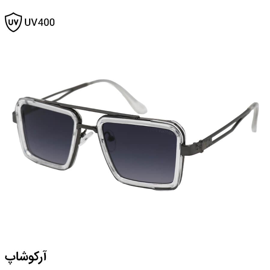 عینک آفتابی Louis Vuitton با فریم مستطیلی شکل، رنگ نوک مدادی و شفاف و لنز دودی هایلایت مدل 8065