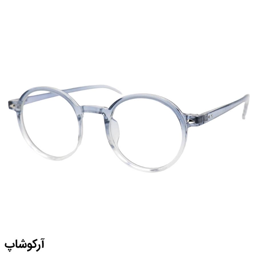 عینک با فریم گرد و دایره‌ای، رنگ آبی و عدسی بی‌رنگ و از جنس پلی کربنات (بلوکات) مدل 20351