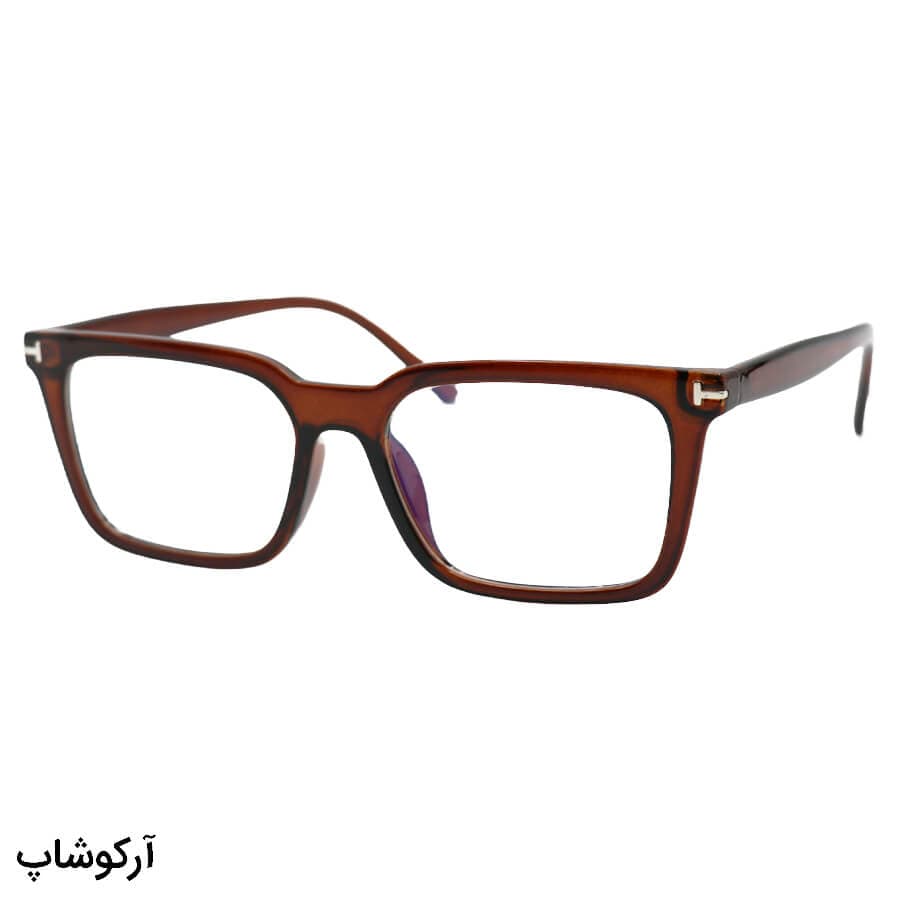عینک طبی با فریم شکل مستطیلی، از جنس کائوچو، رنگ قهوه‌ای و لنز بلوکات و قابل تعویض مدل 203158