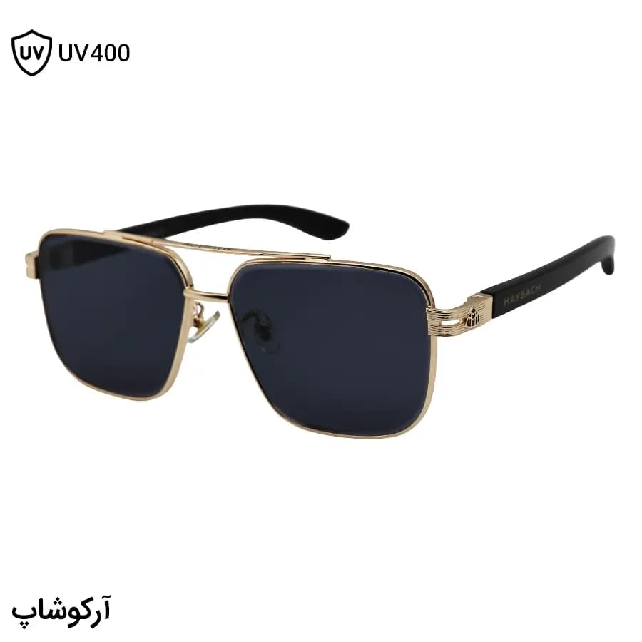 عینک آفتابی لاکچری میباخ با فریم طلایی رنگ، مربعی شکل، دسته چوبی و لنز دودی تیره مدل 23186