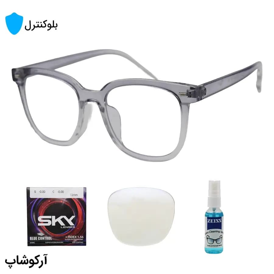 عینک بلوکنترل با فریم شکل مربعی، رنگ آبی، لولا فلزی و لنز بلوکنترل کره‌ای برند SKY مدل 20324