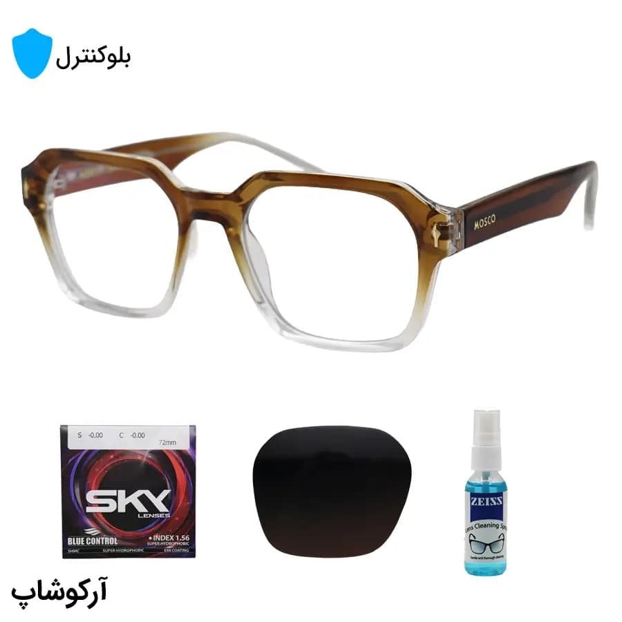 عینک بلوکنترل با فریم شکل مربعی، رنگ قهوه‌ای، دسته سیم‌دار برند موسکات و لنز بلوکنترل کره‌ای برند SKY مدل P1203