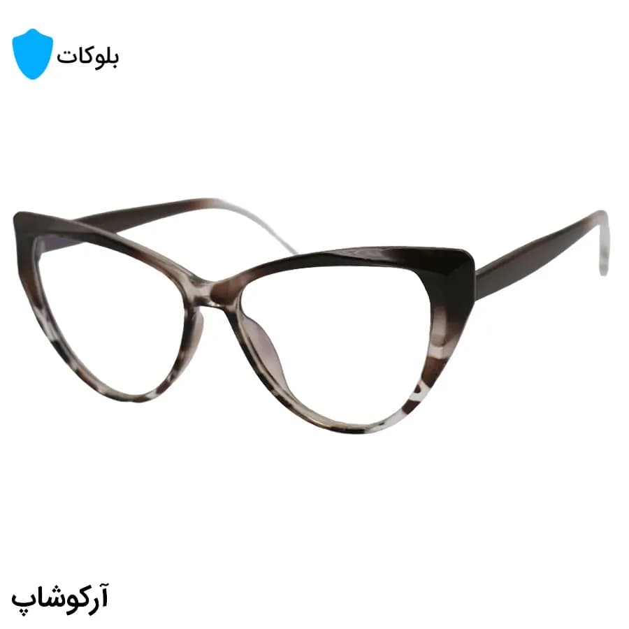 عینک زنانه با فریم قهوه‌ای رنگ، شکل چشم گربه‌ای، از جنس کائوچو و لنز بلوکات مدل 20386