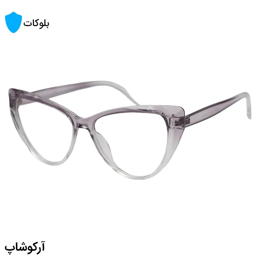 عینک زنانه با فریم بنفش رنگ، شکل چشم گربه‌ای، از جنس کائوچو و لنز بلوکات مدل 20386