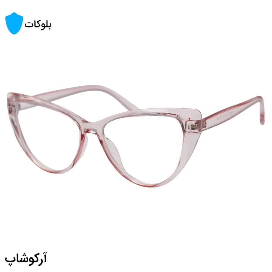 عینک زنانه با فریم صورتی رنگ، شکل چشم گربه‌ای، از جنس کائوچو و لنز بلوکات مدل 20386