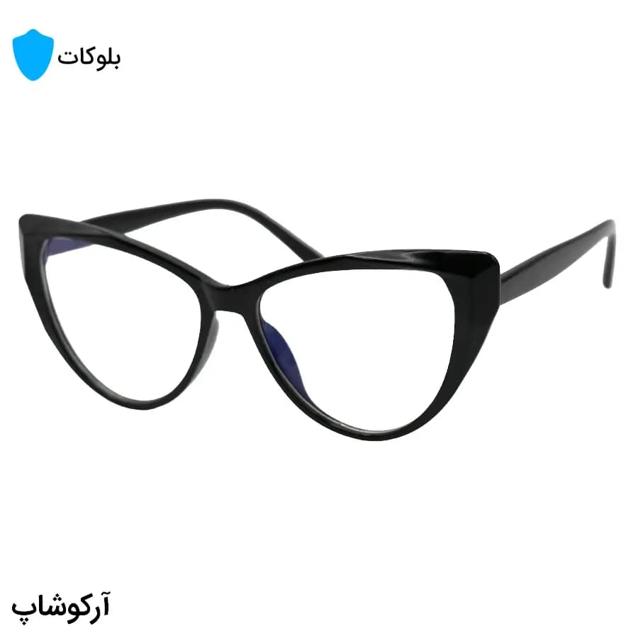 عینک زنانه با فریم مشکی رنگ، شکل چشم گربه‌ای، از جنس کائوچو و لنز بلوکات مدل 20386