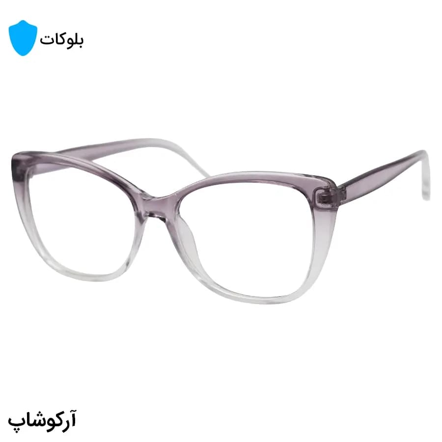 عینک زنانه با فریم بنفش رنگ، شکل چشم گربه‌ای، از جنس کائوچو و لنز بلوکات مدل 20388