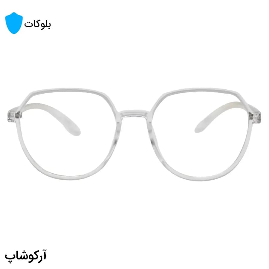 عینک با فریم بی‌رنگ و شفاف، شکل گرد مدرن، از جنس کائوچو و لنز بلوکات مدل 20314 — تصویر ۳