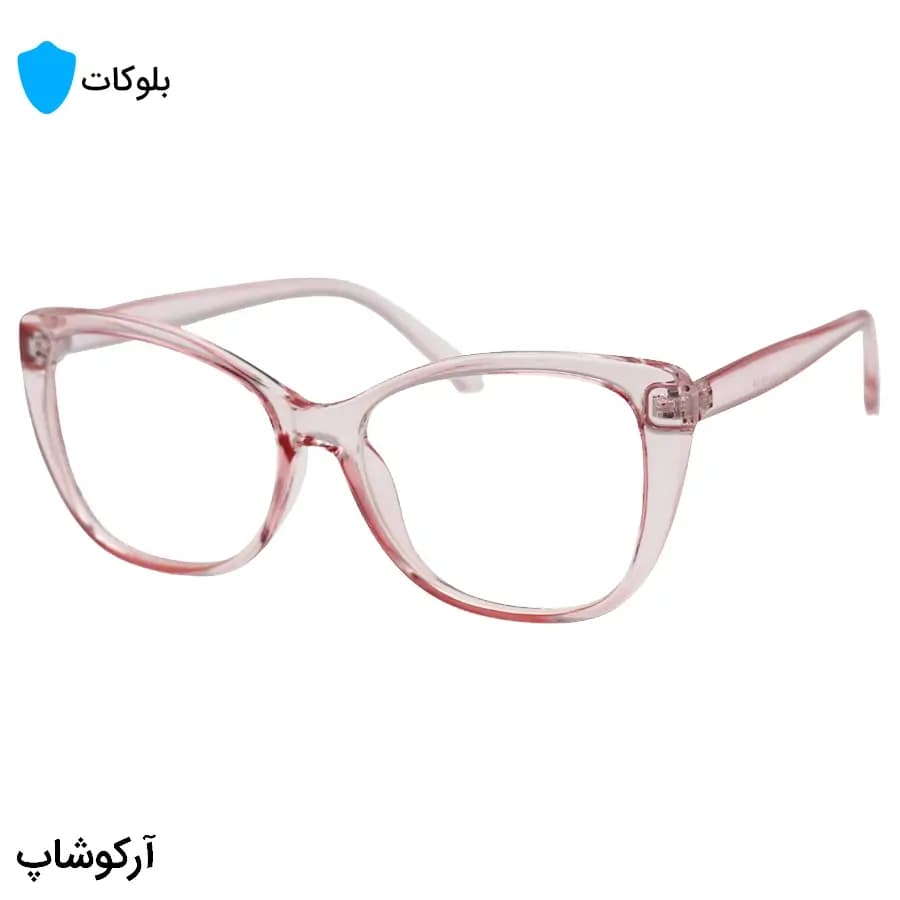 عینک زنانه با فریم صورتی رنگ، شکل چشم گربه‌ای، از جنس کائوچو و لنز بلوکات مدل 20388