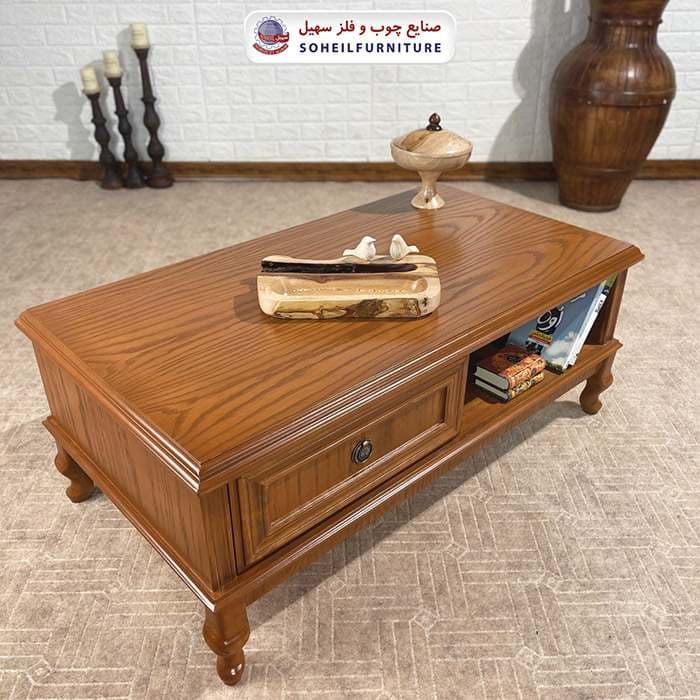 میز جلومبلی چوبی کلاسیک کشو دار مدل 132 سهیل (روکش طبیعی چوب بلوط) — تصویر ۴