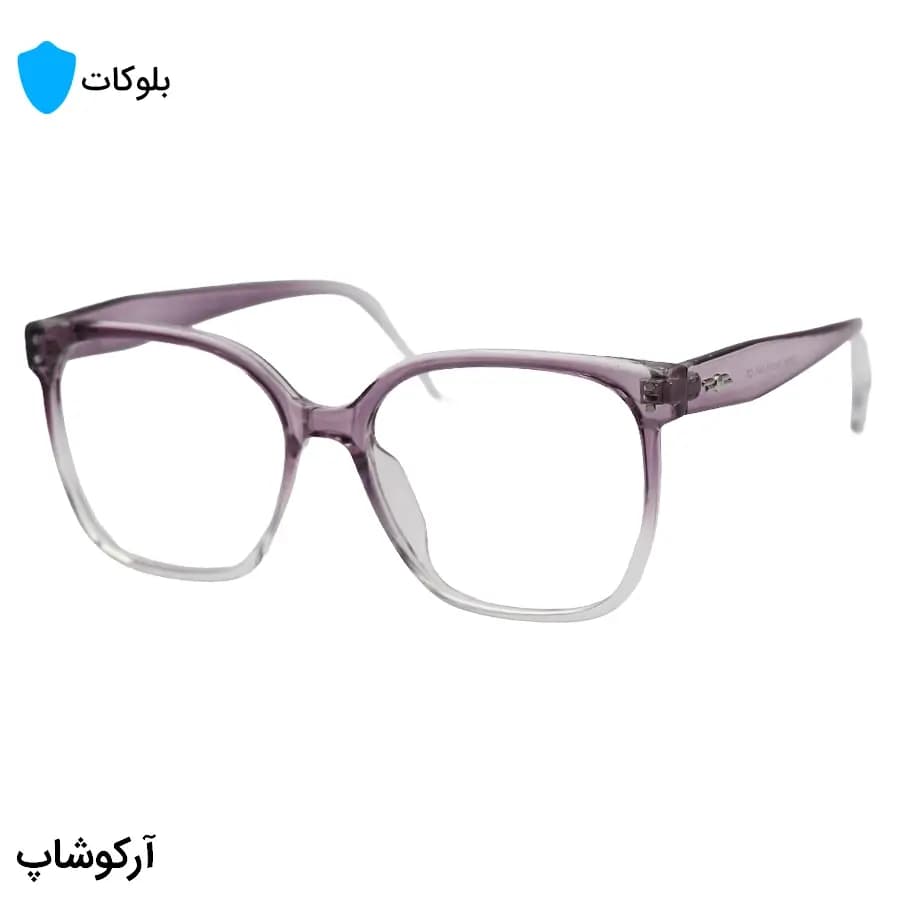 عینک با فریم بنفش رنگ، شکل مربعی بزرگ، از جنس کائوچو و لنز بلوکات مدل 20396