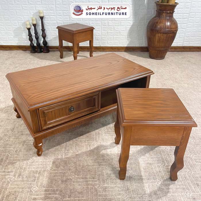 میز عسلی(بغل مبل) چوبی کلاسیک مدل 132 سهیل (روکش طبیعی چوب بلوط) — تصویر ۲
