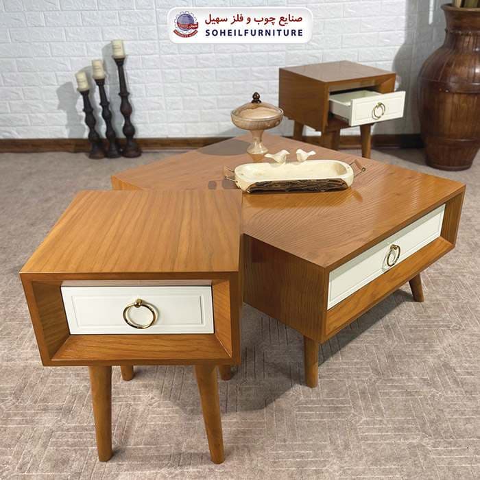 میز عسلی(بغل مبل) چوبی کشو دار مدرن مدل 133 سهیل (روکش طبیعی چوب بلوط) — تصویر ۴