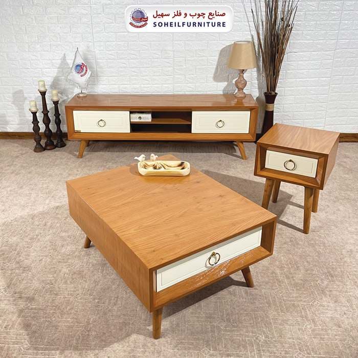 میز عسلی(بغل مبل) چوبی کشو دار مدرن مدل 133 سهیل (روکش طبیعی چوب بلوط) — تصویر ۳