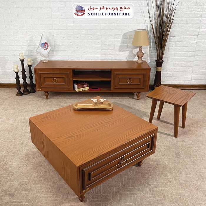میز جلومبلی چوبی کشو دار کلاسیک مدل 135 سهیل (روکش طبیعی چوب بلوط) — تصویر ۲
