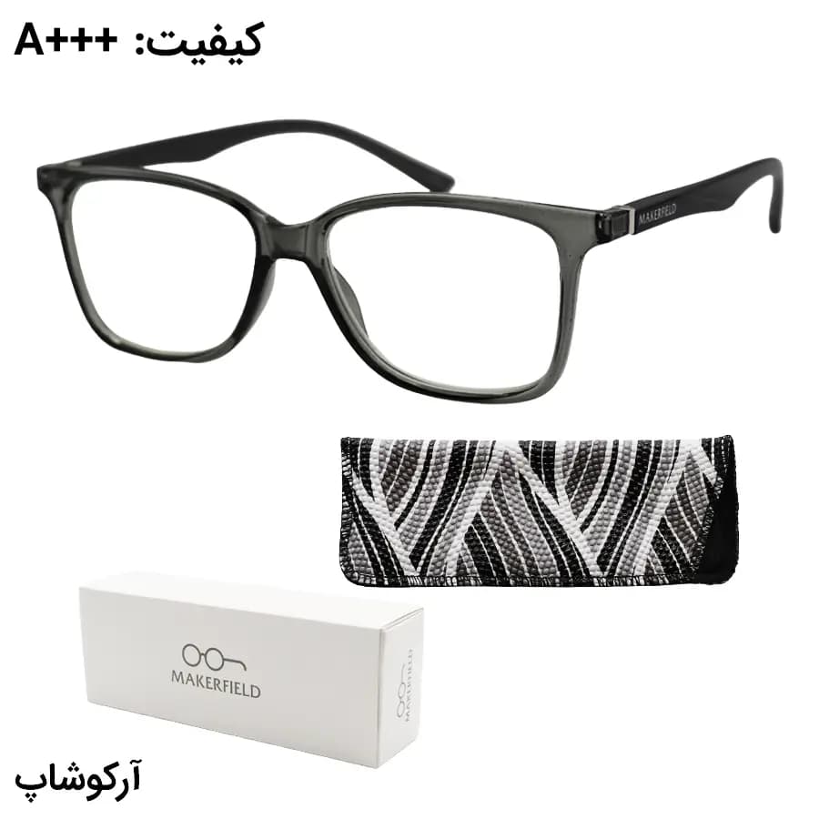 عینک مطالعه نزدیک بین نمره +2.50 با فریم رنگ طوسی، شکل مستطیلی، لولا فنردار و برند MakerField مدل H103