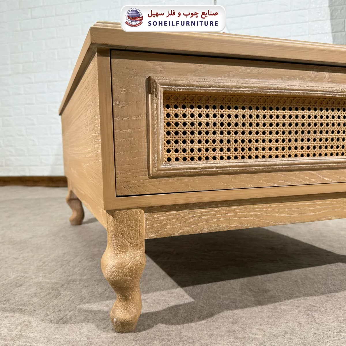 میز جلومبلی حصیری چوبی مدرن مدل 142جدید سهیل (جلومبلی حصیربافت با روکش طبیعی چوب بلوط) — تصویر ۶