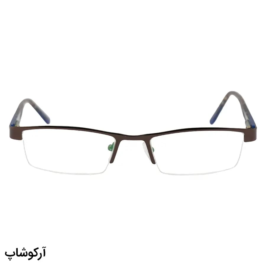 عینک مطالعه نزدیک بین نمره +3.50 با فریم رنگ قهوه‌ای، طرح نیم‌فریم، دسته فنردار، لنز بلوکات و آنتی رفلکس مدل TOP-9 — تصویر ۲