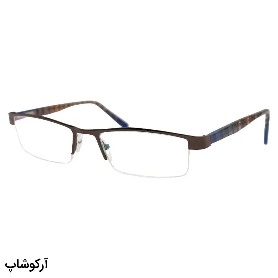 عینک مطالعه نزدیک بین نمره +2.00 با فریم رنگ قهوه‌ای، طرح نیم‌فریم، دسته فنردار، لنز بلوکات و آنتی رفلکس مدل TOP-9