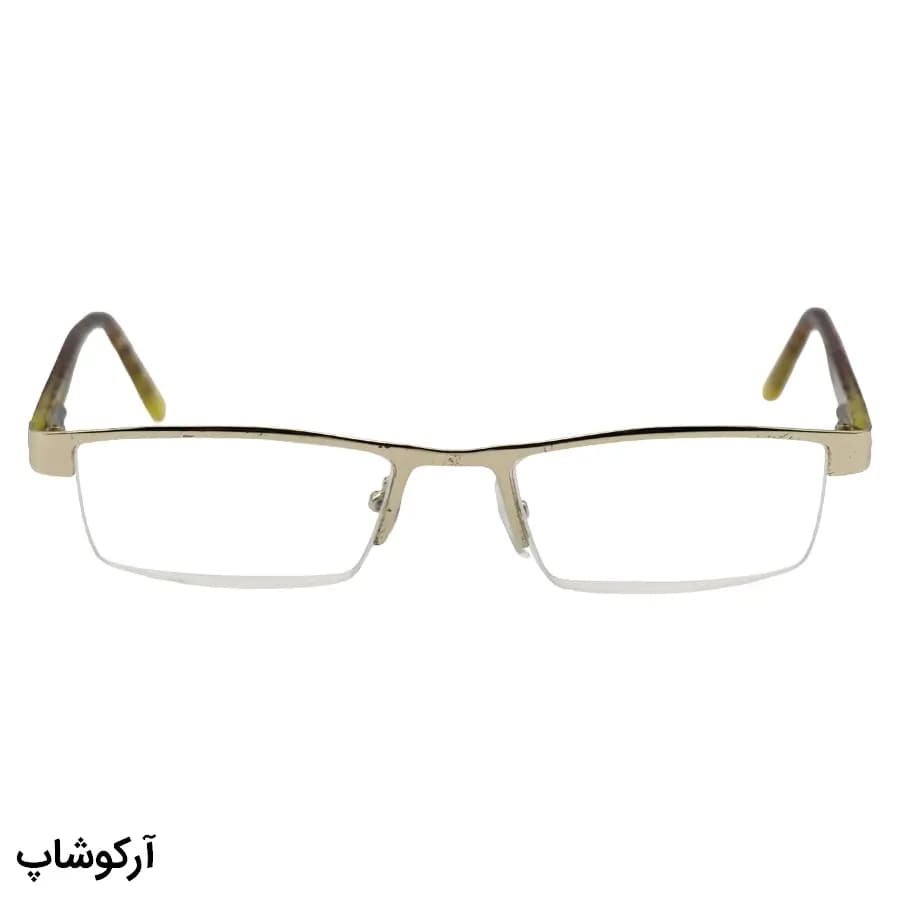 عینک مطالعه نزدیک بین نمره +3.50 با فریم رنگ طلایی، طرح نیم‌فریم، دسته فنردار و چندرنگ، لنز بلوکات و آنتی رفلکس مدل TOP-9 — تصویر ۲