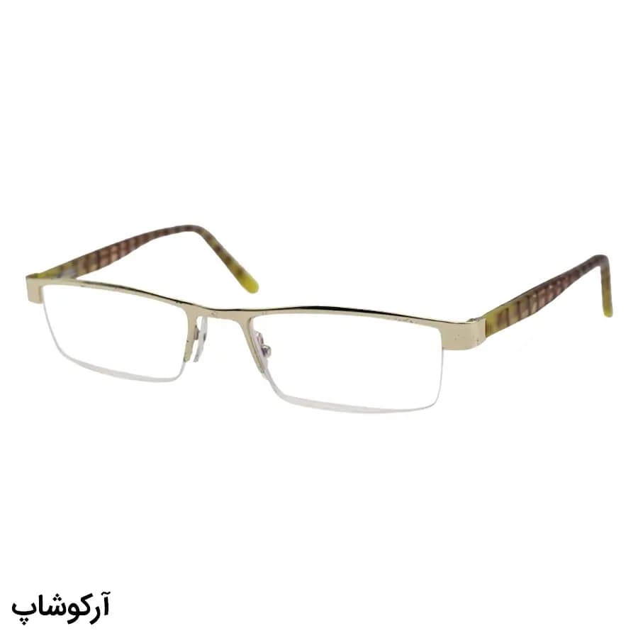 عینک مطالعه نزدیک بین نمره +3.50 با فریم رنگ طلایی، طرح نیم‌فریم، دسته فنردار و چندرنگ، لنز بلوکات و آنتی رفلکس مدل TOP-9