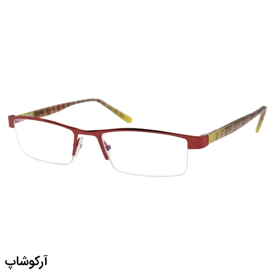 عینک مطالعه نزدیک بین نمره +2.00 با فریم رنگ قرمز، طرح نیم‌فریم، دسته فنردار و چندرنگ، لنز بلوکات و آنتی رفلکس مدل TOP-9