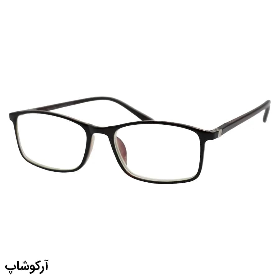 عینک مطالعه نزدیک بین نمره +2.25 با فریم قهوهای رنگ، مستطیلی شکل، لولا فنردار و لنز بلوکات مدل 12456